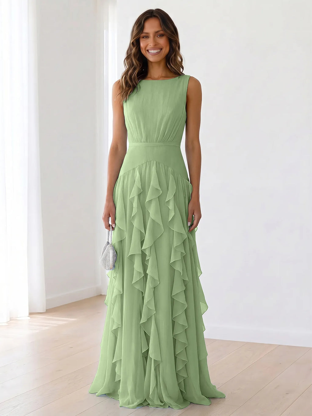 Sleeveless Tiered Chiffon Maxi Evening Gown with Ruched Bodice