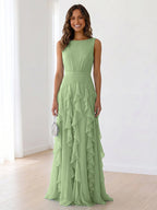 Sleeveless Tiered Chiffon Maxi Evening Gown with Ruched Bodice