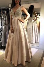 Vestido de festa azul, modesto, com decote em V, sem mangas, comprido, com missangas, PSK081