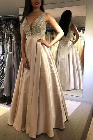 Schlichtes, ärmelloses, bodenlanges, blaues Ballkleid mit V-Ausschnitt und Perlenbesatz PSK081