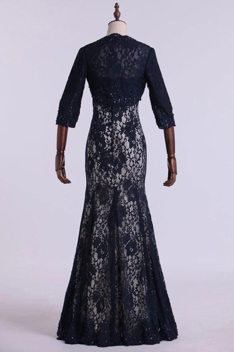 Vestidos de mãe da noiva em renda, sem alças, sereia, comprimento até ao chão