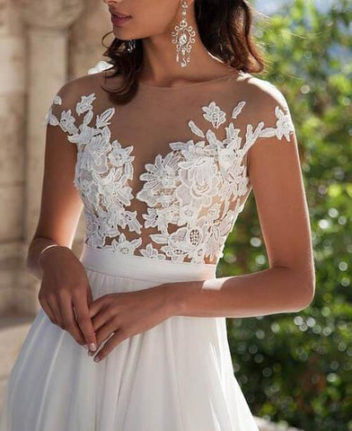 NumberSea Weißes Spitzen-Brautkleid mit A-Linie und Schlitz vorne und Applikationen, Brautkleid, MW191 
