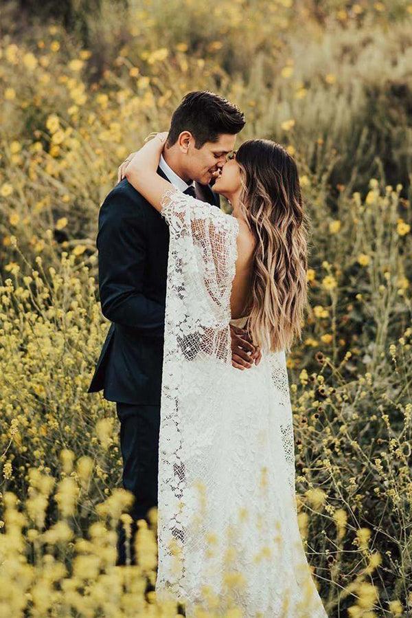 NumberSea Vestiti da sposa rustici avorio in pizzo a tubino boho con maniche a pipistrello, MW276