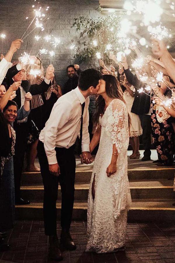 NumberSea Vestiti da sposa rustici avorio in pizzo a tubino boho con maniche a pipistrello, MW276