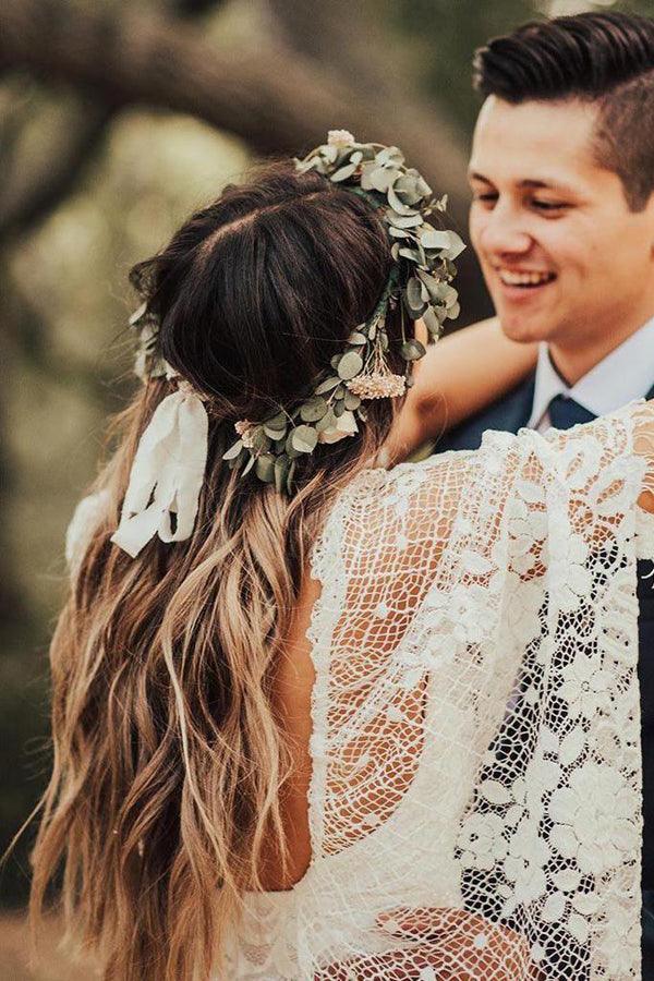 NumberSea Vestiti da sposa rustici avorio in pizzo a tubino boho con maniche a pipistrello, MW276