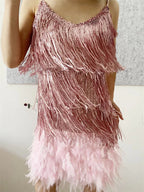 Damen Sexy Feder Glitzer Quastenkleid Pink Pailletten Fransen Flapper Kleid Sommer Abendkleid, Pink Homecoming Kleid Y2470