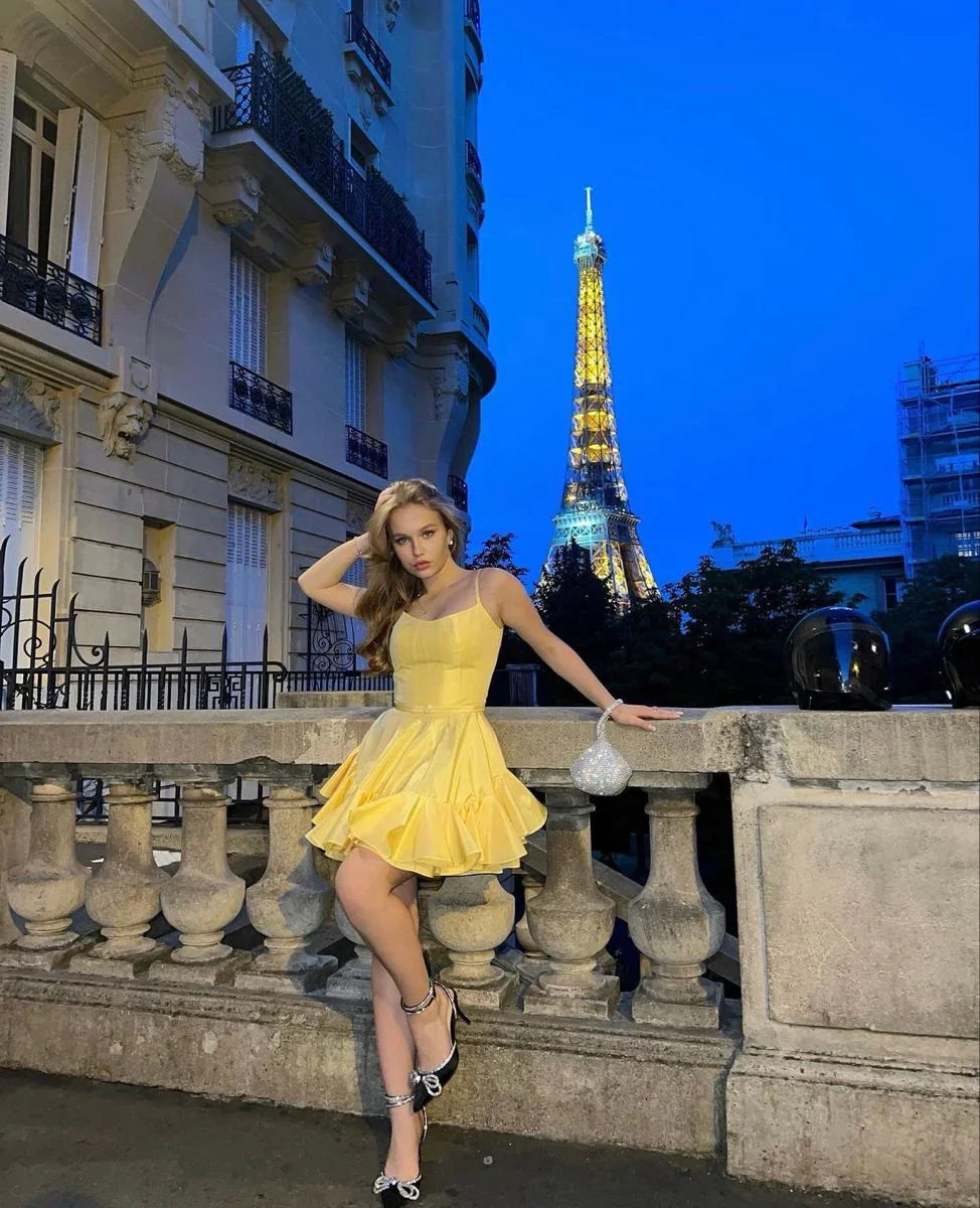 A-Linie-Trägerkleid mit Spaghettiträgern in Gelb – Abschlussballkleid und Abi-Kleid für Teenager Y2364
