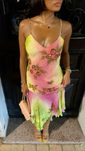 Rosa Grün Verlauf Perlenbesetzt Spaghetti-Träger Chiffon Lang Rüschen Abendkleid Party Abschlussballkleid Y8495
