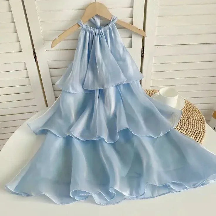 Einfaches blaues Organza-Trägerkleid mit mehrlagigem Minirock für den Abschlussball oder Homecoming Y8089