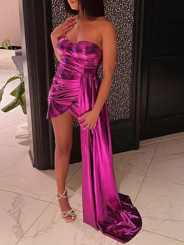 Vestido Sexy Sólido con Abertura en la Espalda y Sin Tirantes de Diseño Irregular para Fiesta de Cumpleaños o Baile de Graduación Y6439