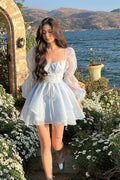 Vestido Princesa Azul en Línea A Mangas Largas para Baile de Graduación Vestido de Hada Azul Y6083