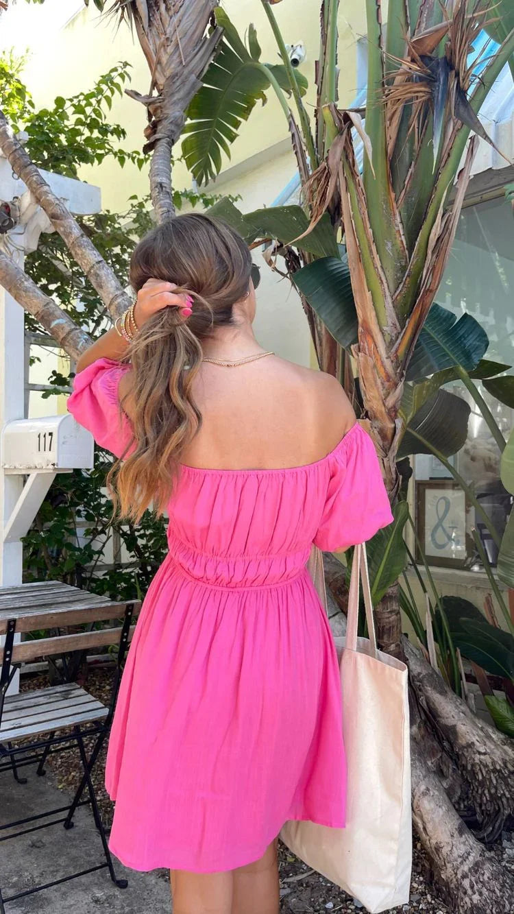 Knallrosa A-Linien Abschlussballkleid mit Puffärmeln Sommerkleid Y2758