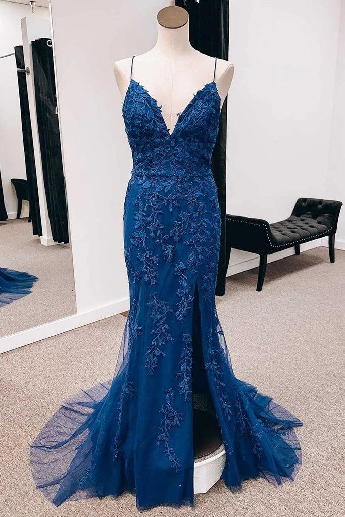 Navy Appliques Lace-Up Back Mermaid Long Prom Dress with Slit PSK391 by pgmdress
