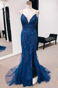 Navy Appliques Lace-Up Back Mermaid Long Prom Dress with Slit PSK391 by pgmdress