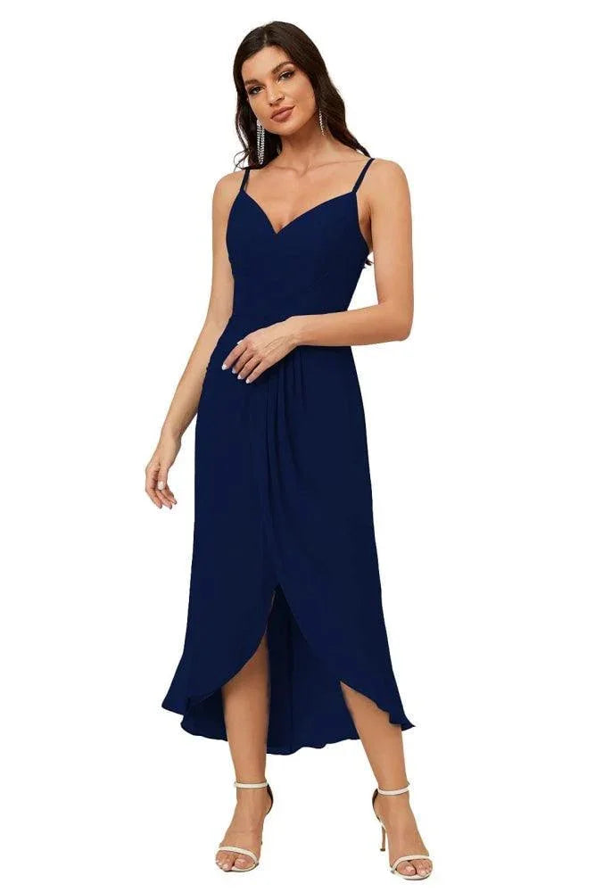 Numbersea Spaghetti-Träger Chiffon V-Ausschnitt Brautjungfernkleid Mittellanger Schlitz Formelles Abschlussballkleid Homecoming-Kleid 2803