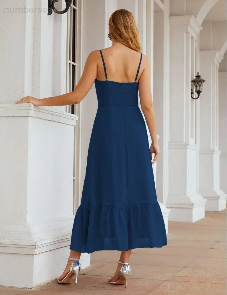 Numbersea Spaghetti-Träger Chiffon Brautjungfernkleid Knöchellänge Formell A-Linie Cocktail Party Homecoming-Kleid für Juniorinnen SEA28028