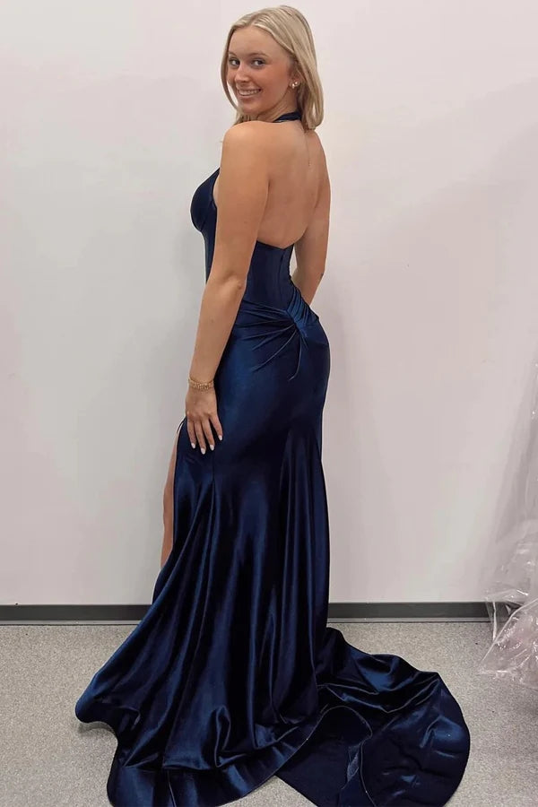 Navy Blue Halter Mermaid Long Prom Dress with Slit  PSK525