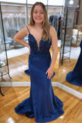Abito da ballo lungo sirena scollatura a V blu scuro con strass PSK402
