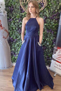 Robe de bal trapèze en satin bleu marine avec lacets dans le dos et poches PSK377