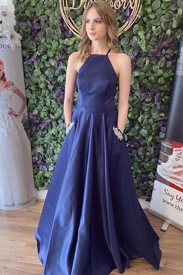 Marineblaues A-Linien-Ballkleid aus Satin mit Schnürung am Rücken und Taschen PSK377