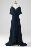 Kleid für die Brautmutter, asymmetrisch, Pailletten, Chiffon, mit Perlen