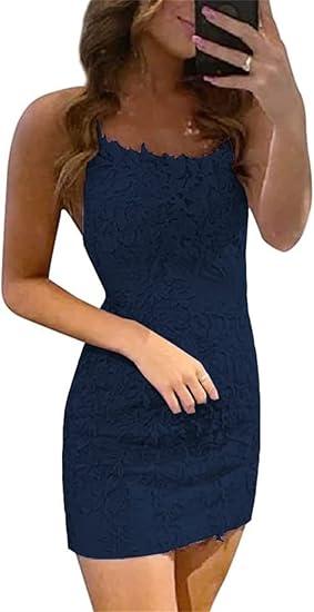Vestidos de Fiesta Sin Mangas con Tirantes Espagueti de Encaje Azul para Columna Corta