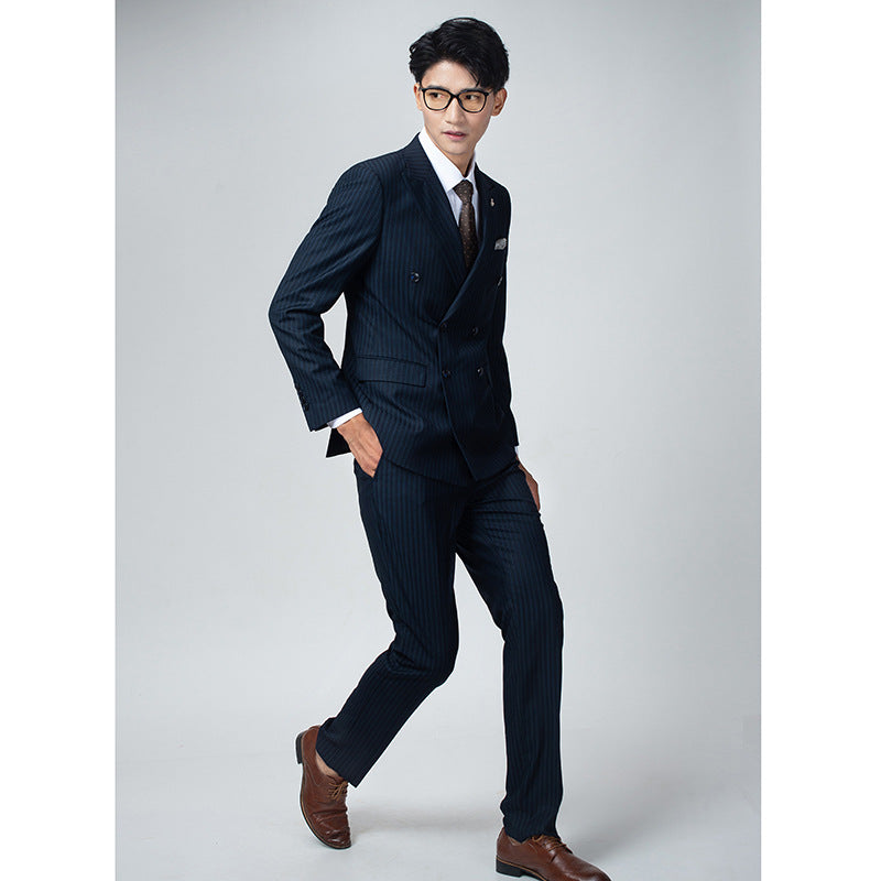 Double breasted suit men's suit British grey striped business casual suit men's formal suit slim fit groom's wedding dress
