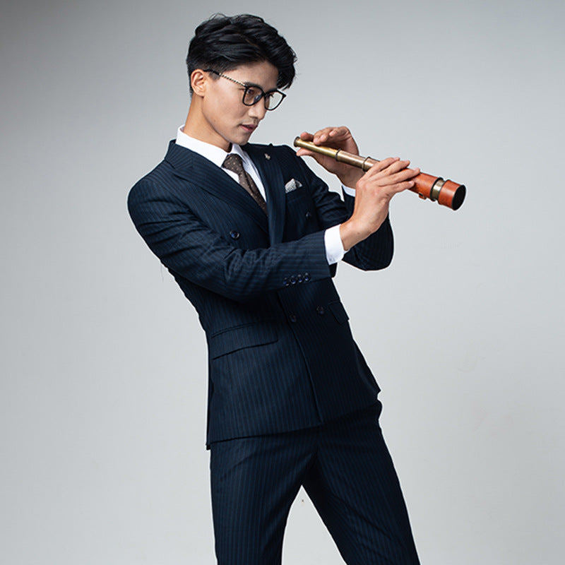 Double breasted suit men's suit British grey striped business casual suit men's formal suit slim fit groom's wedding dress