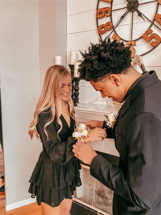 Schwarzes Homecoming-Kleid mit langen Ärmeln Schwarzes Partykleid Y2259