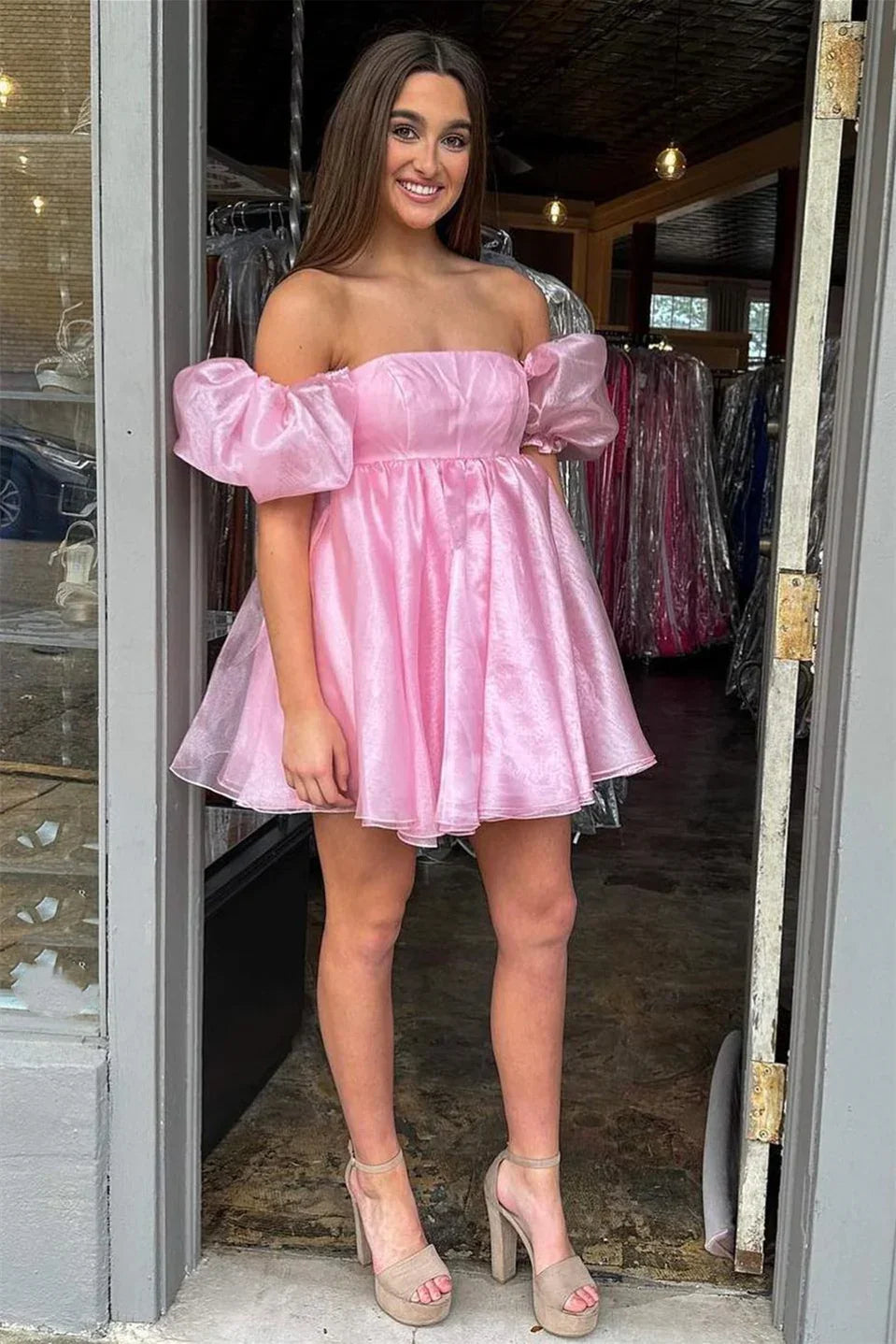 Vestido de Baile de Gala Decote Quadrado Mangas Balão Cor-de-Rosa Linha A Y2434