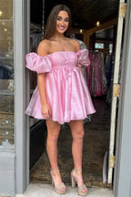 Vestido de Baile de Gala Decote Quadrado Mangas Balão Cor-de-Rosa Linha A Y2434