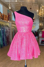 Vestido Corto de Fiesta para el Baile de Regreso a Casa en Línea A con un Solo Hombro en Rosa Fuerte con Lentejuelas Y1487
