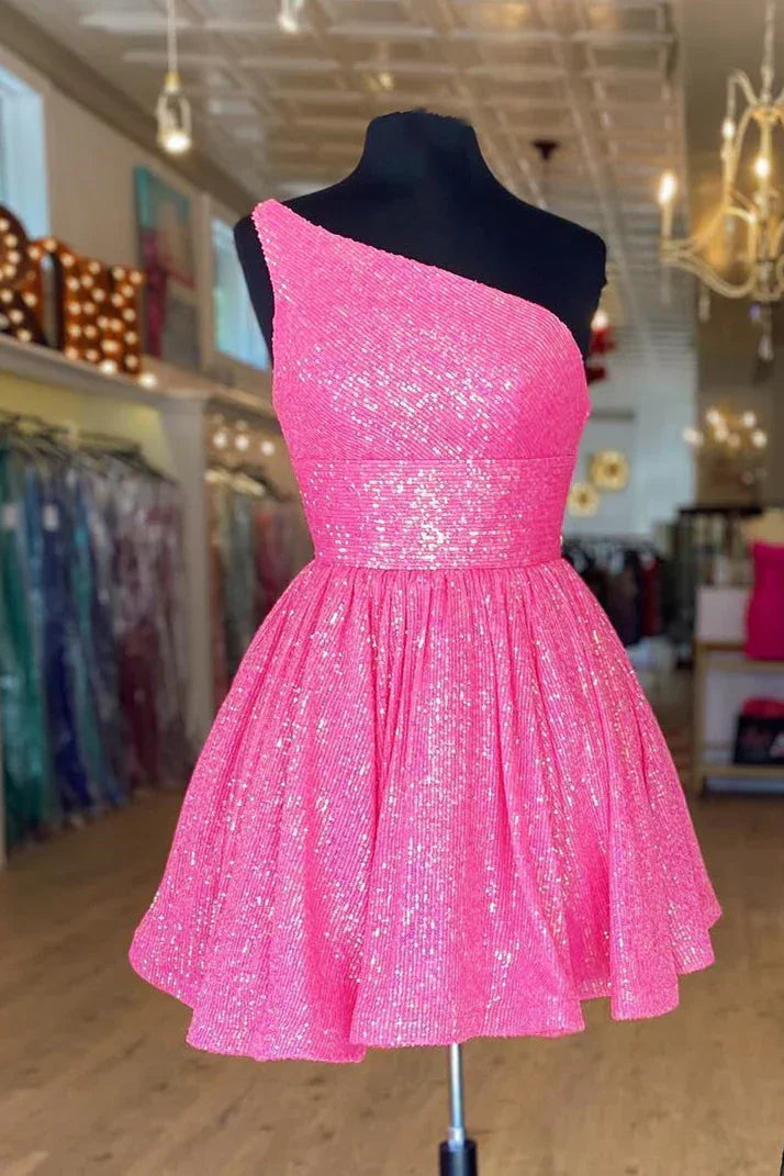 Vestido Corto de Fiesta para el Baile de Regreso a Casa en Línea A con un Solo Hombro en Rosa Fuerte con Lentejuelas Y1487