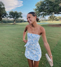 Trägerloses blaues Blumen-Mini-Heimkehrkleid Sommerkleid Y2646