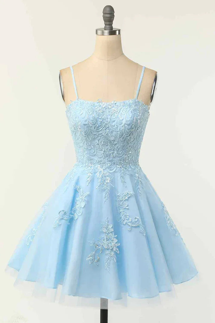 Hellblaues A-Linien Trägerhemdchen Schnürrücken Applikation Mini-Heimkehrkleid Y2417