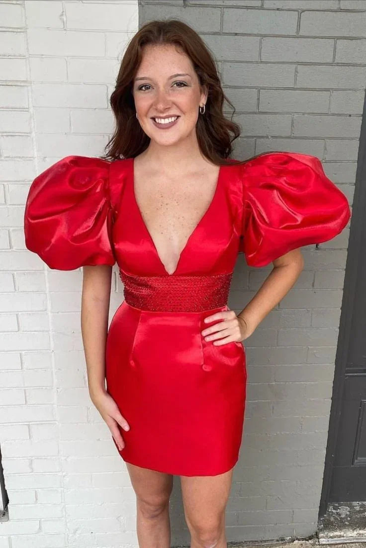 Rotes Satin-Homecoming-Kleid mit Puffärmeln Rotes Partykleid Y2296