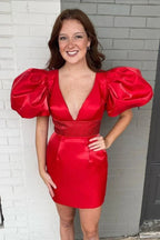 Rotes Satin-Homecoming-Kleid mit Puffärmeln Rotes Partykleid Y2296