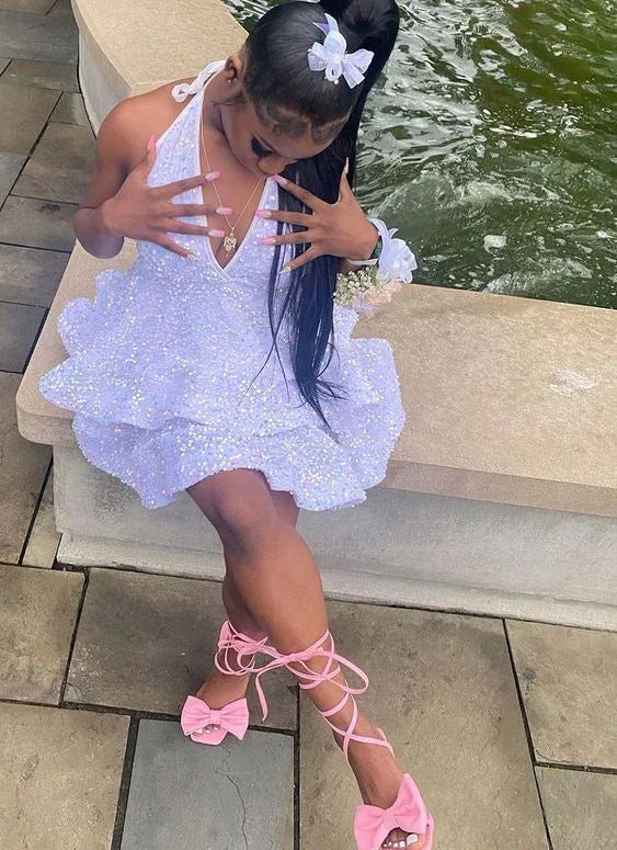Vestido Corto y Sensual para Fiesta de Regreso a Casa en Blanco/Rosa/Negro con Lentejuelas para Mujeres Y1613