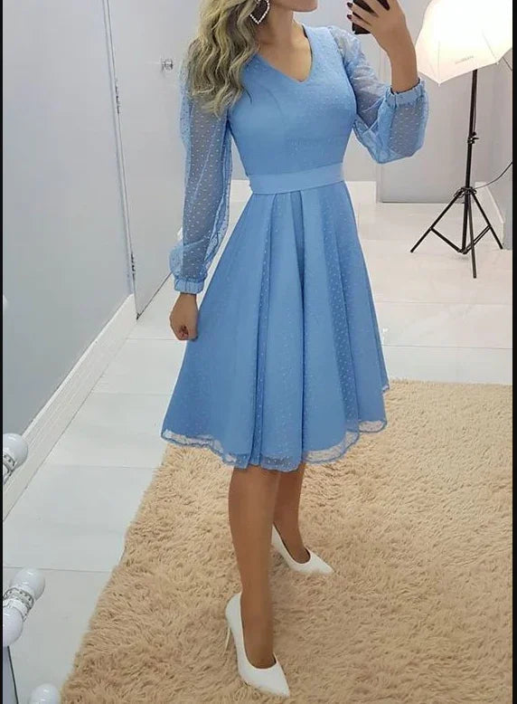 Robe de soirée bleue à manches longues coupe A, Robe de bal bleue Y6045