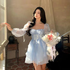 Vestido Princesa Azul en Línea A Mangas Largas para Baile de Graduación Vestido de Hada Azul Y6083