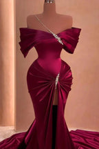 Off-the-shoulder Satin Long Split Front Mermaid Prom Dresses With Beads by BIZTUNNEL