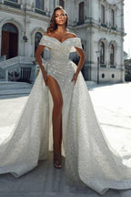 Elegant Mermaid Off-the-Shoulder Sequined Long Wedding Dresses With Split by BIZTUNNEL