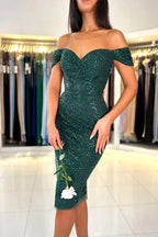 Vestido de Baile Verde Oscuro con Escote Corazón y Hombros Descubiertos