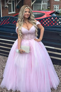 Vestido de festa comprido rosa com aplicações em tule e ombro de fora, tamanho grande, PSK700