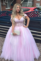Off Shoulder Appliques Tulle Plus Size Pink Long Prom Dress PSK700