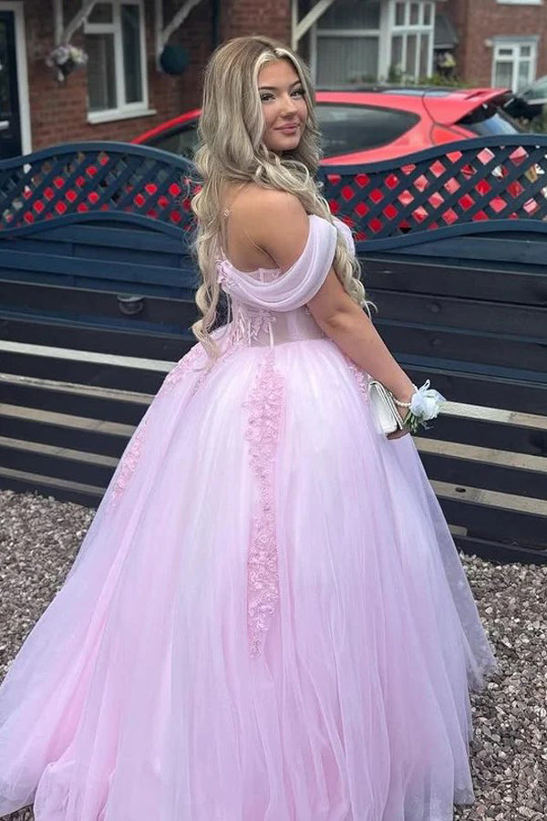 Off Shoulder Appliques Tulle Plus Size Pink Long Prom Dress PSK700