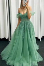 Off Shoulder Green Lace Long Prom Dress Green Formal Gown PSK549