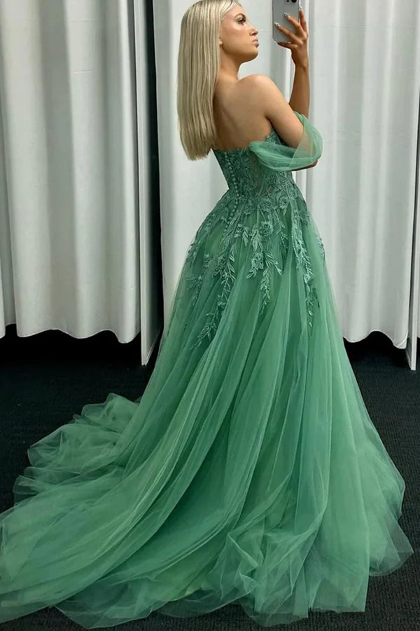 Off Shoulder Green Lace Long Prom Dress Green Formal Gown PSK549