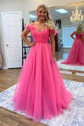Vestido de Fiesta de Tul con Hombros Descubiertos en Rosa Fucsia y Flores 3D PSK534