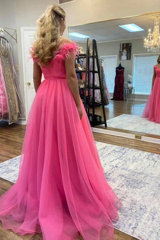 Vestidos de festa em tule rosa choque com ombros descobertos e flores 3D PSK534